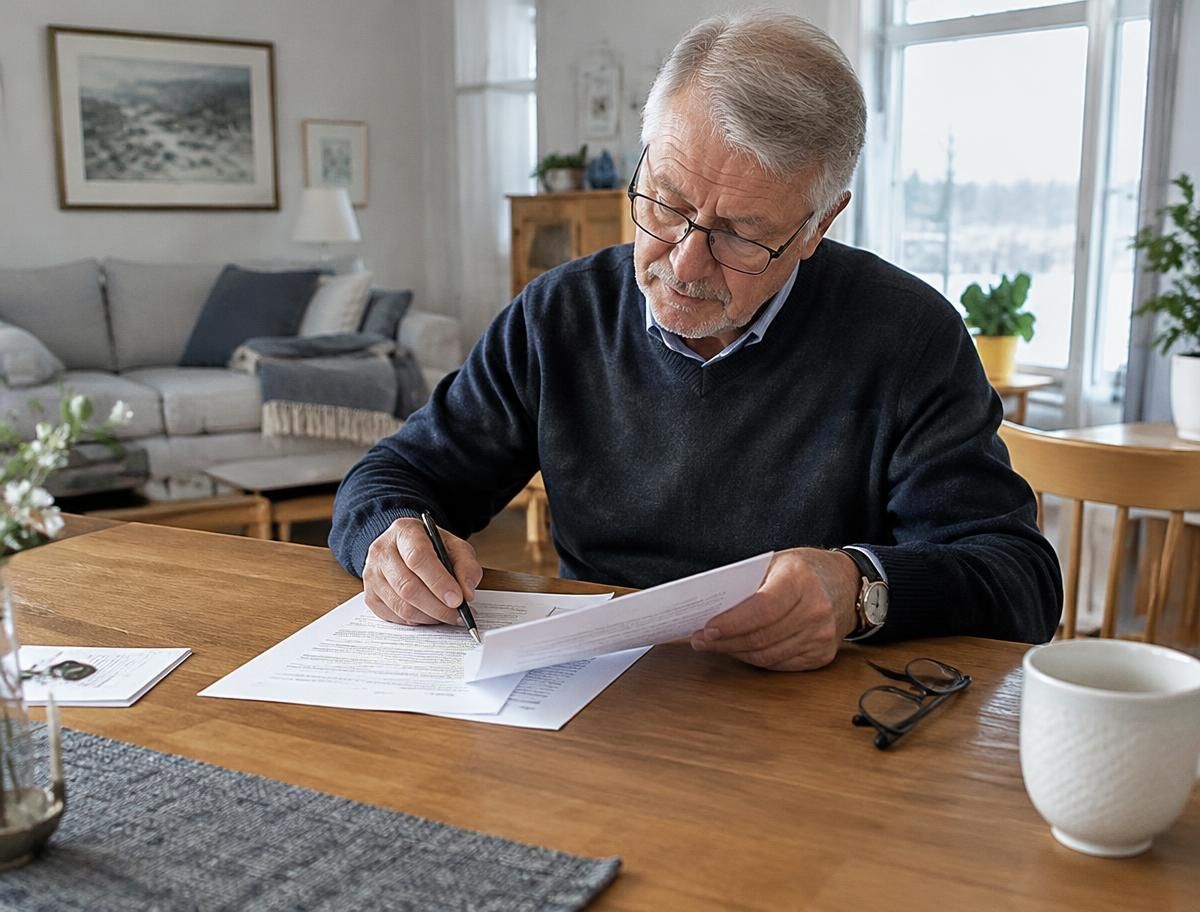 Äldre man jämför två dokument och stryker under med en penna
